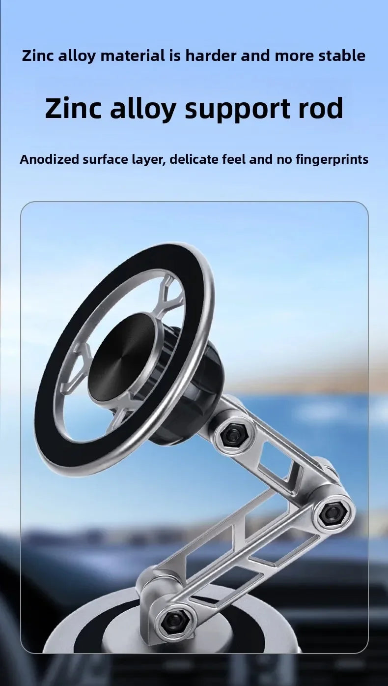 Silver zinc alloy phone mount with an adjustable, foldable mechanical arm and a circular, black magnetic head.