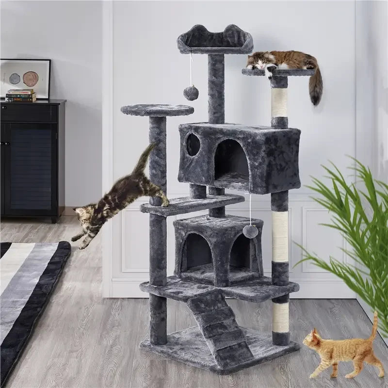 Large grey plush cat tree with two condos, a ramp, multiple platforms, sisal scratching posts, and hanging toy balls.