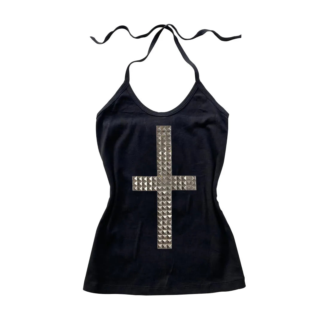 Black halter-neck top featuring a central silver studded cross design.