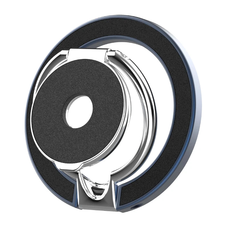A round, silver and black magnetic phone ring holder with a foldable, rotating stand design.