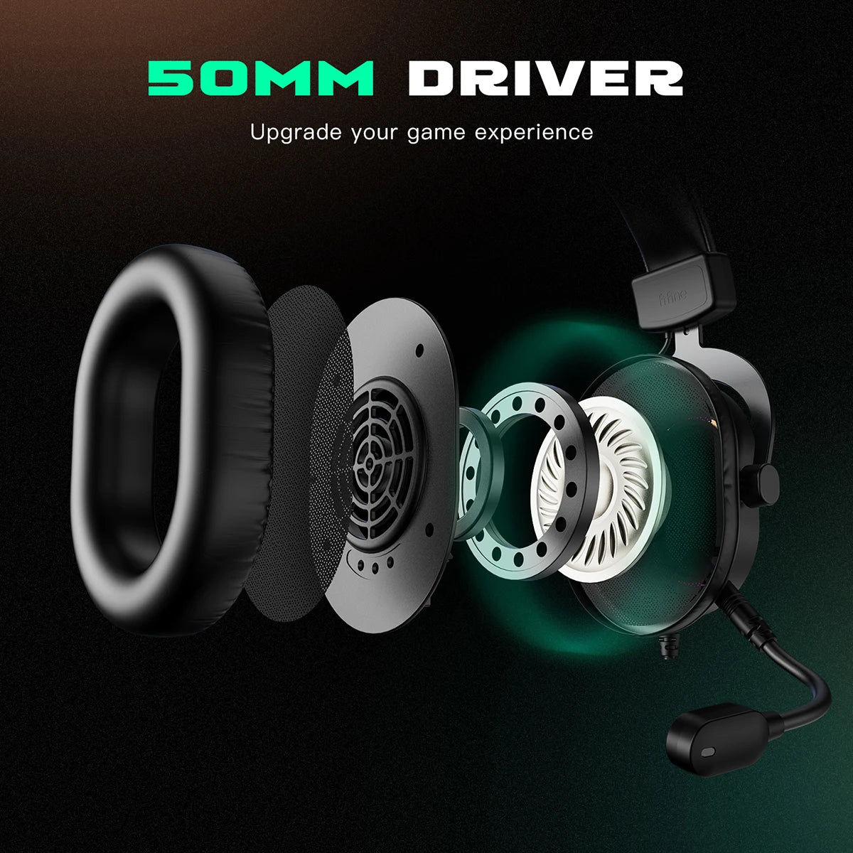 Exploded view of a black RGB gaming headset showing the 50mm driver components, ear cushion, and microphone.