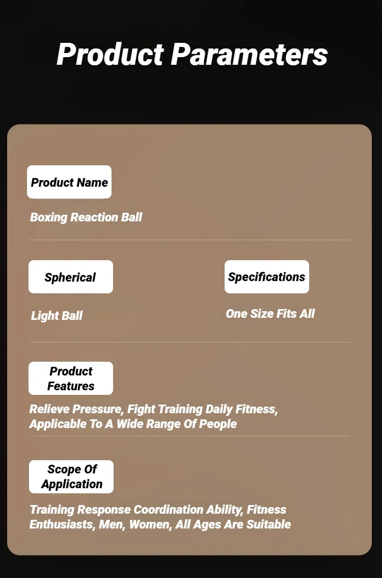 Infographic for a lightweight Boxing Reaction Ball, outlining specifications and features on a brown background.