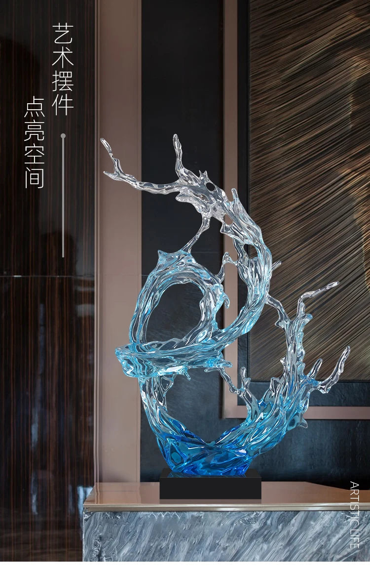 Modern resin ornament featuring a dynamic, translucent blue wave design on a black rectangular base.