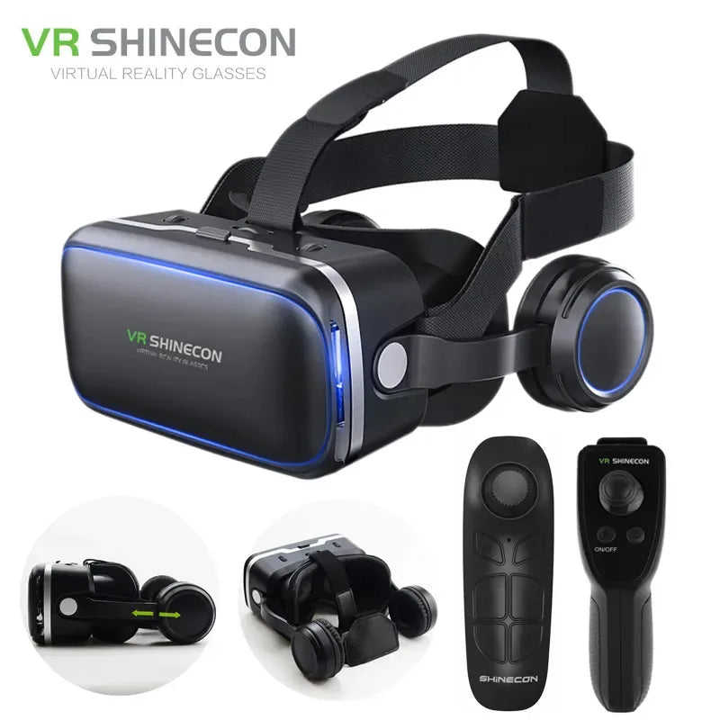 Black 3D VR headset with adjustable head strap, integrated headphones, and a handheld gaming remote control.