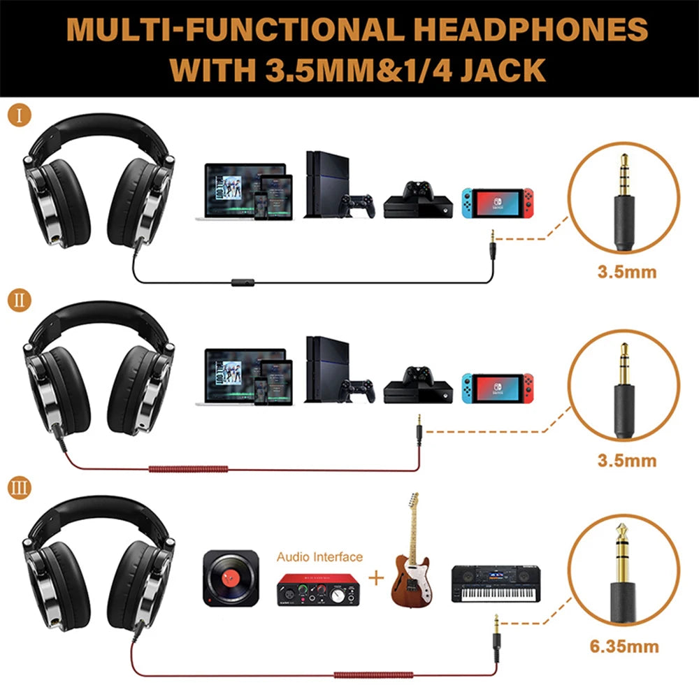 Black over-ear studio headphones with microphone and interchangeable 3.5mm and 6.35mm jack cables for multiple devices.