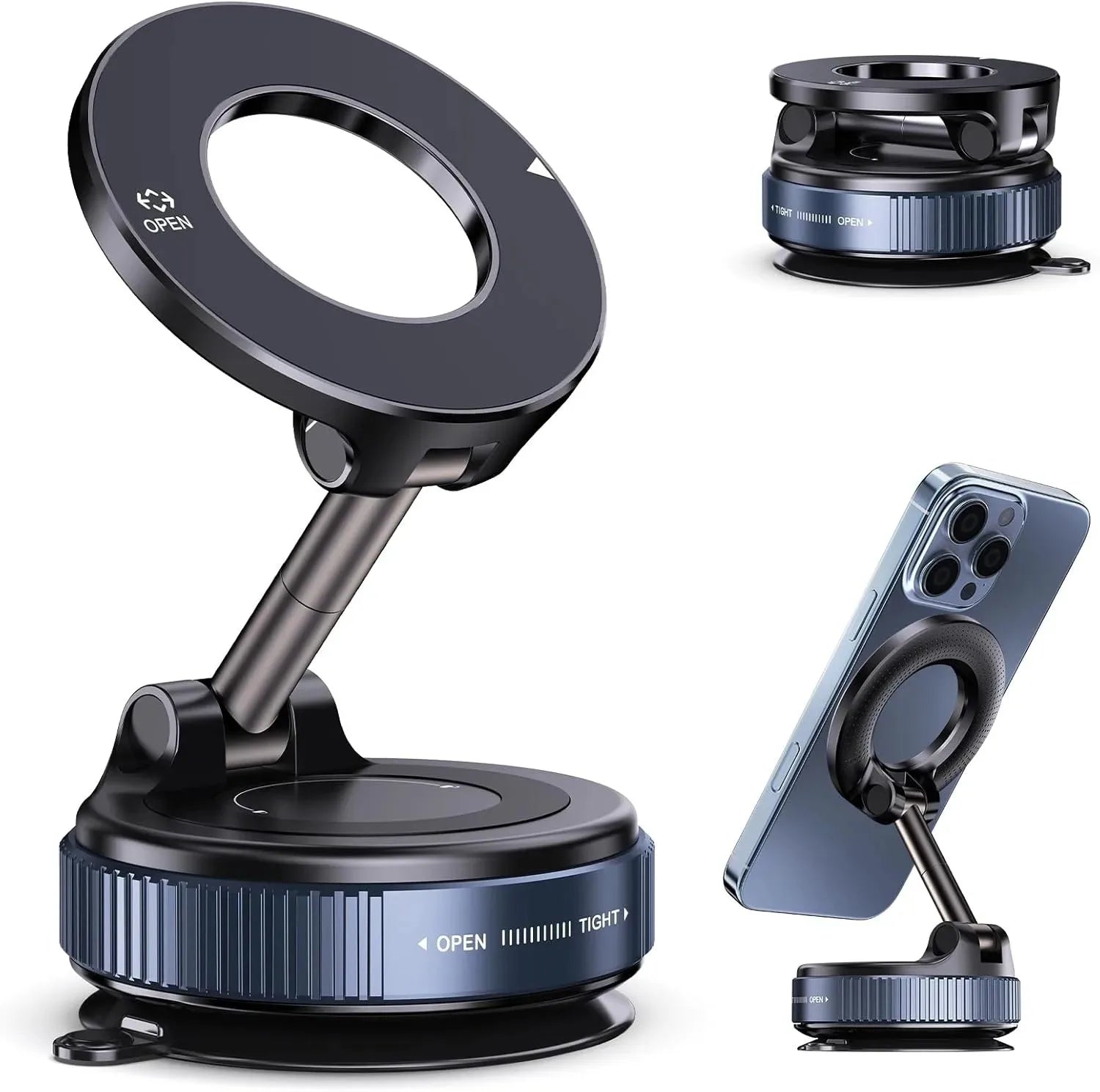 Dark gray foldable magnetic phone mount with a suction base and adjustable arm, shown folded and holding a smartphone.