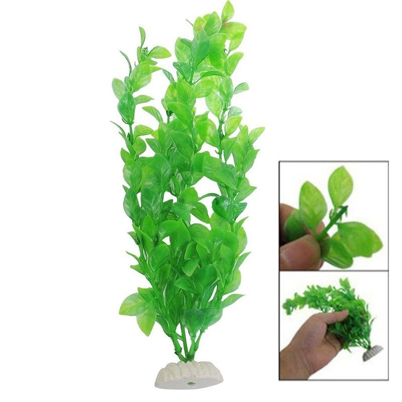 Artificial bright green aquarium plant with leaves on stems and a round white base, shown in full and close-up views.