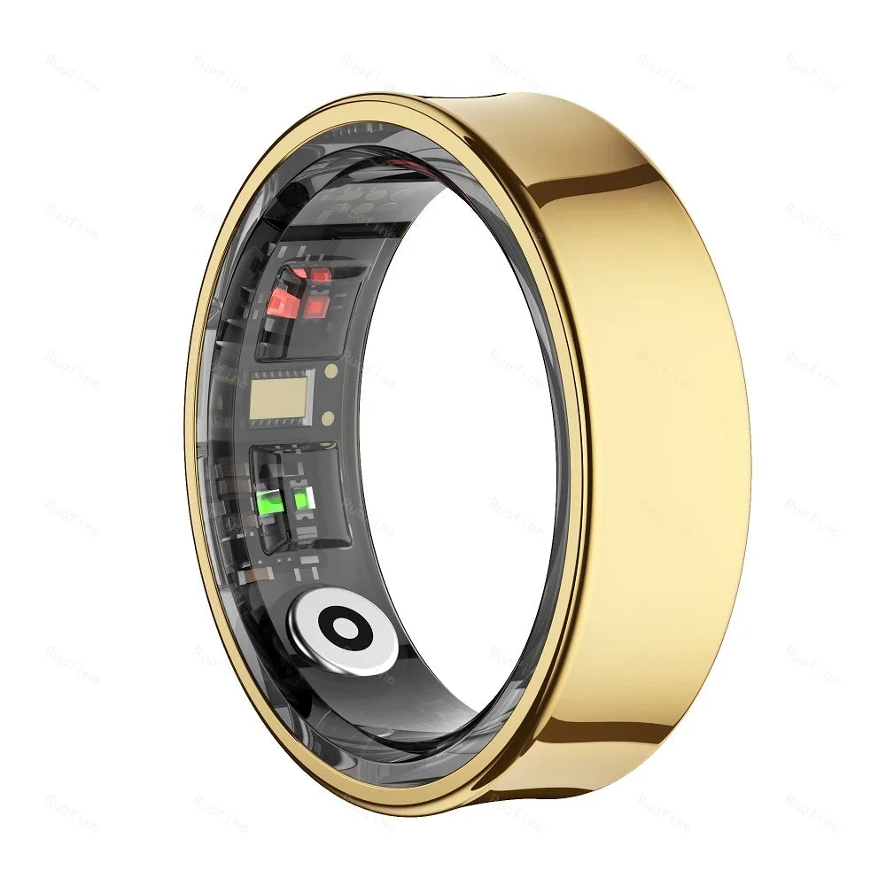 A sleek, polished gold smart health ring showing inner sensors, LED lights, and charging contact points.