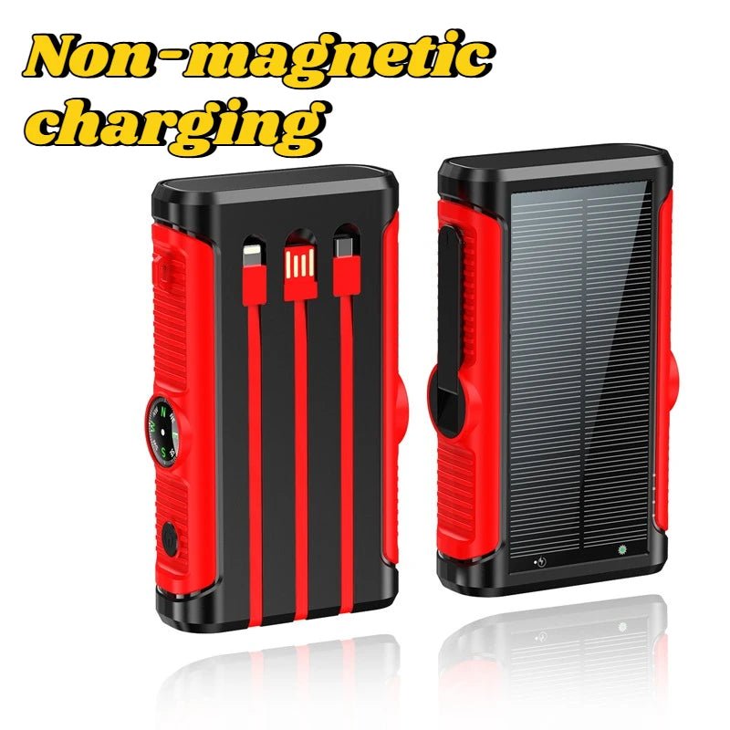 Rugged red and black 20000mAh solar power bank featuring integrated charging cables and a side-mounted compass.