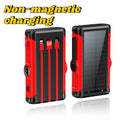 Rugged red and black 20000mAh solar power bank featuring integrated charging cables and a side-mounted compass.