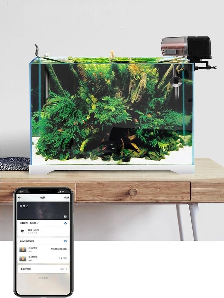 Rectangular glass aquarium with lush aquatic plants, mounted light, and filter, controlled by a smartphone app.