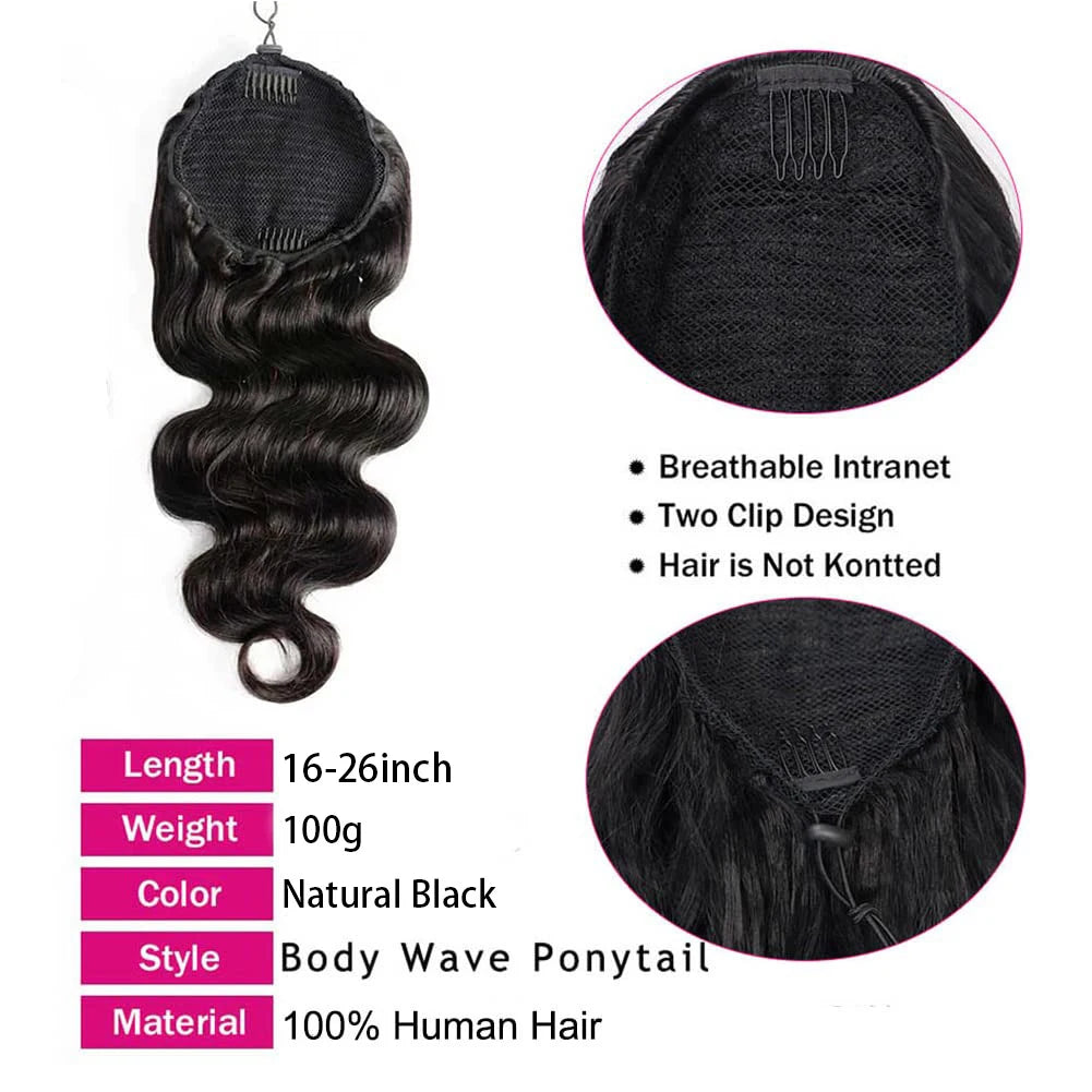 Natural black body wave human hair drawstring ponytail extension with clips and mesh cap interior.