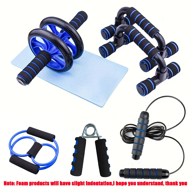 Black and blue home fitness equipment set, including an ab roller, push-up bars, resistance band, gripper, and rope.