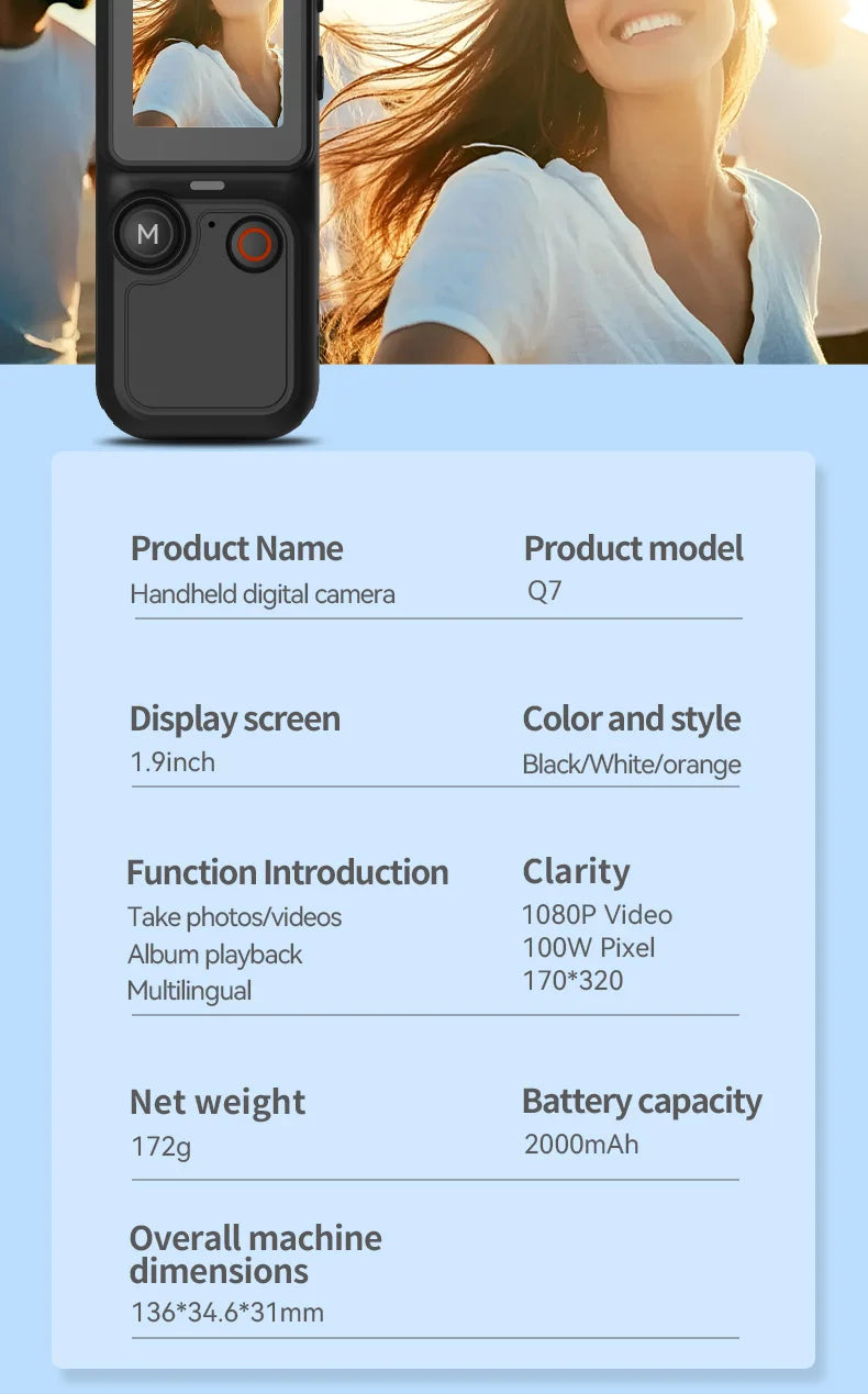 Black handheld digital camera with 1.9-inch screen for 1080p photos and videos.