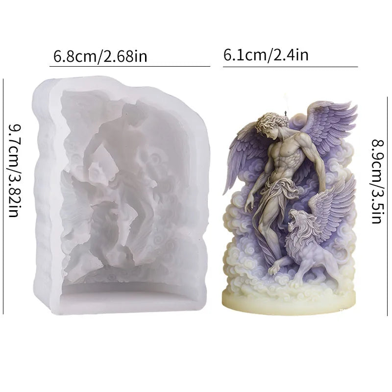 White silicone mould and a finished purple-tinted candle featuring an angel and lion design with dimensions.