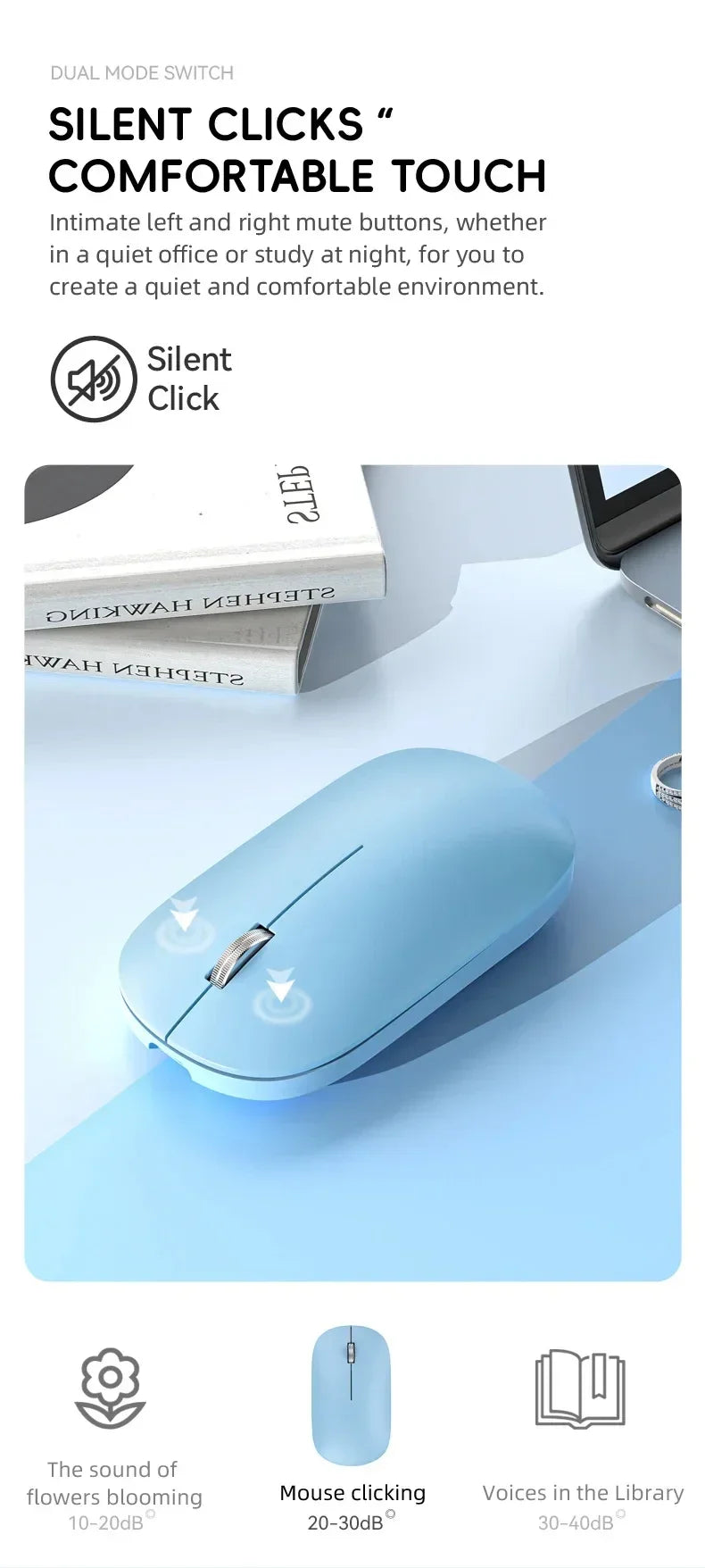 Light blue, slim wireless mouse with a metallic scroll wheel and silent click design for quiet use.