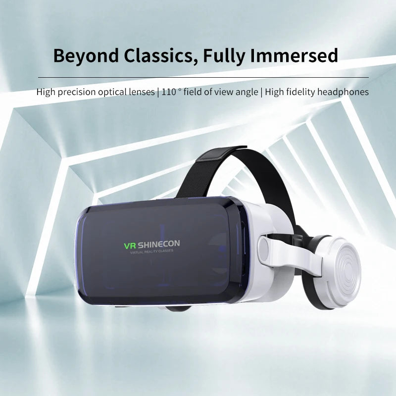 Sleek white and black VR smartphone headset featuring adjustable head straps and built-in high-fidelity headphones.
