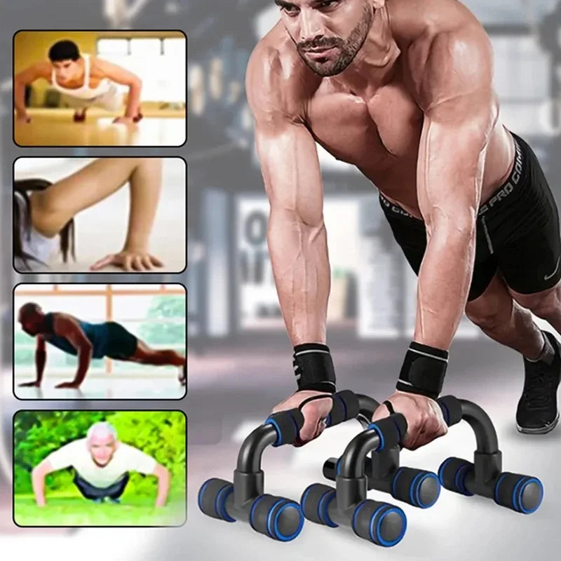 Black push-up bars with blue foam handles, shown being used for exercise in a collage of training images.
