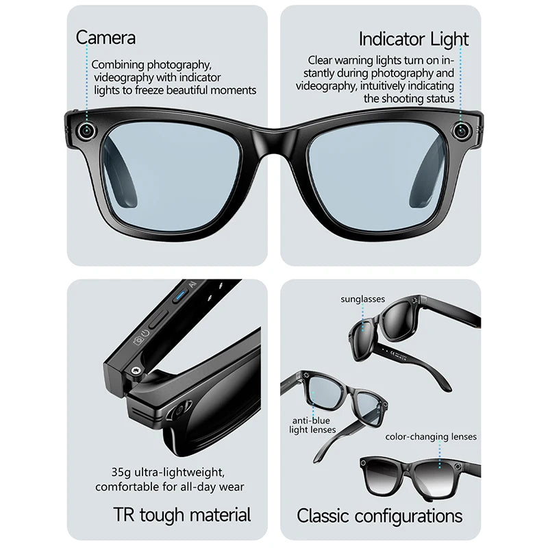 Black smart glasses featuring built-in HD cameras, indicator lights, and interchangeable anti-blue or tinted lenses.