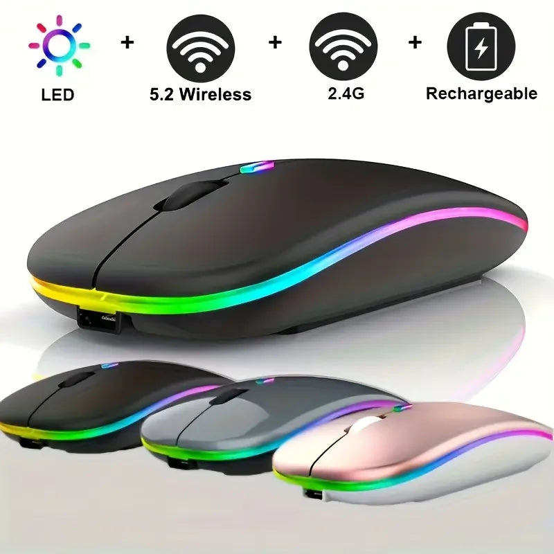 Slim, ergonomic wireless mouse with RGB lighting, rechargeable battery, and dual wireless connectivity in three colours.