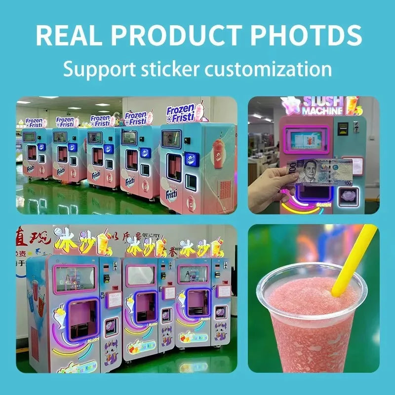 Collage of pink and blue self-service slushie vending machines with custom stickers and a cup of red slush.
