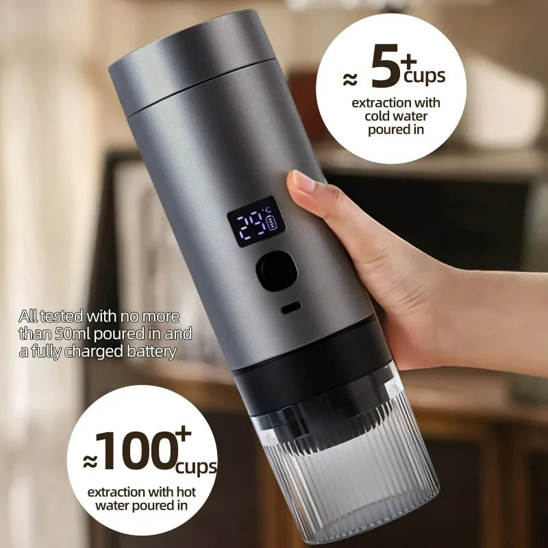 A hand holds a gray, cylindrical portable espresso maker with a digital temperature display.