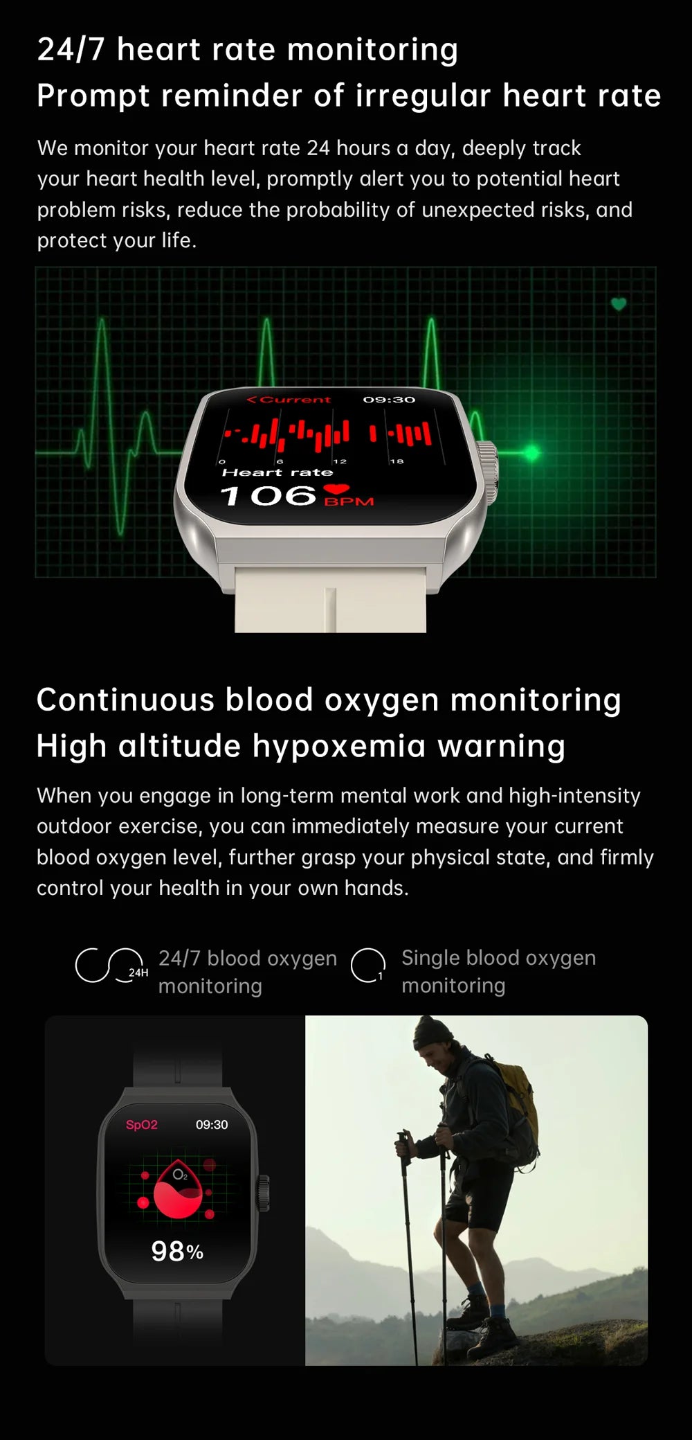Smartwatch with 2.01-inch curved screen showing heart rate and blood oxygen monitoring data for health tracking.