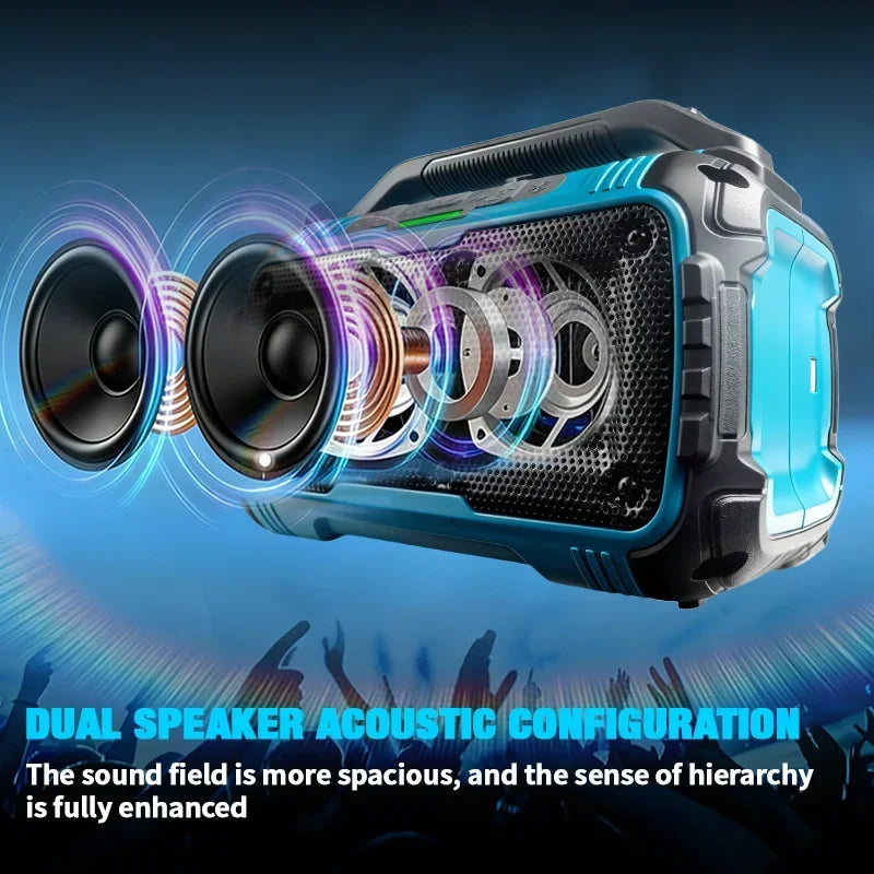 Rugged blue portable wireless speaker with exposed dual drivers, integrated carry handle, and black mesh grille.