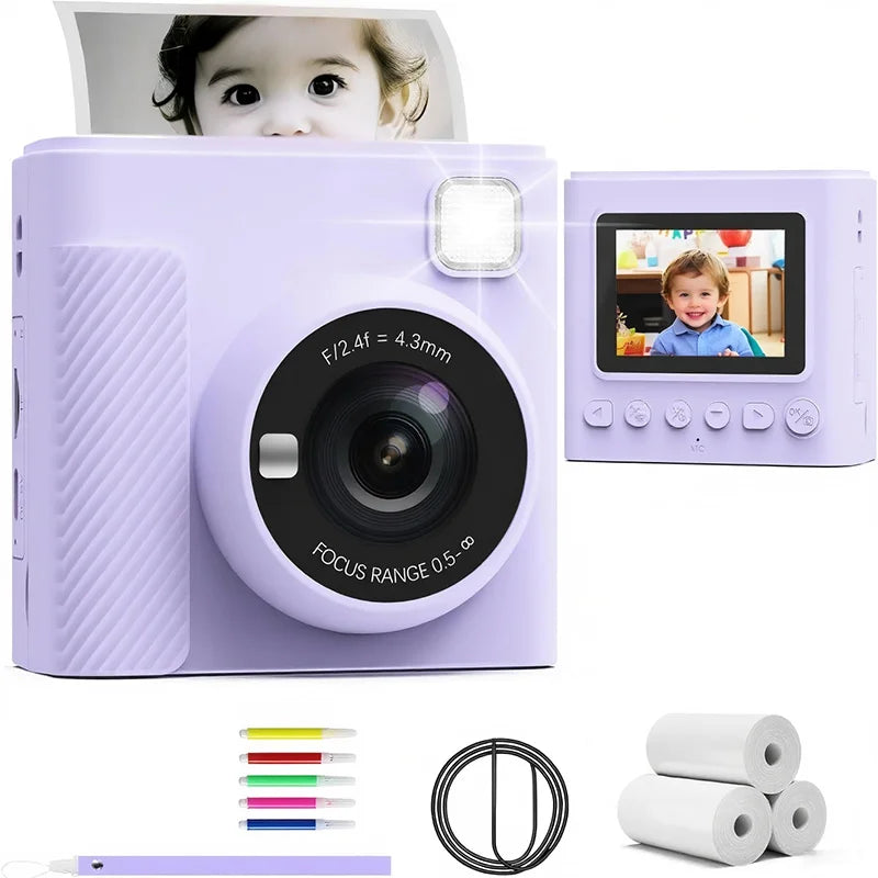 Light purple instant print camera for kids with digital screen, flash, lens, felt pens, lanyard, and paper rolls.