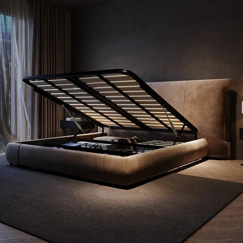 Contemporary beige upholstered ottoman bed with a lift-up slatted base for hidden storage.