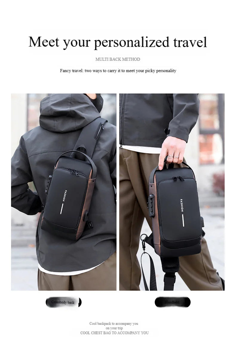 Black and brown anti-theft chest bag with a password lock, USB port, and versatile shoulder or handheld carry options.