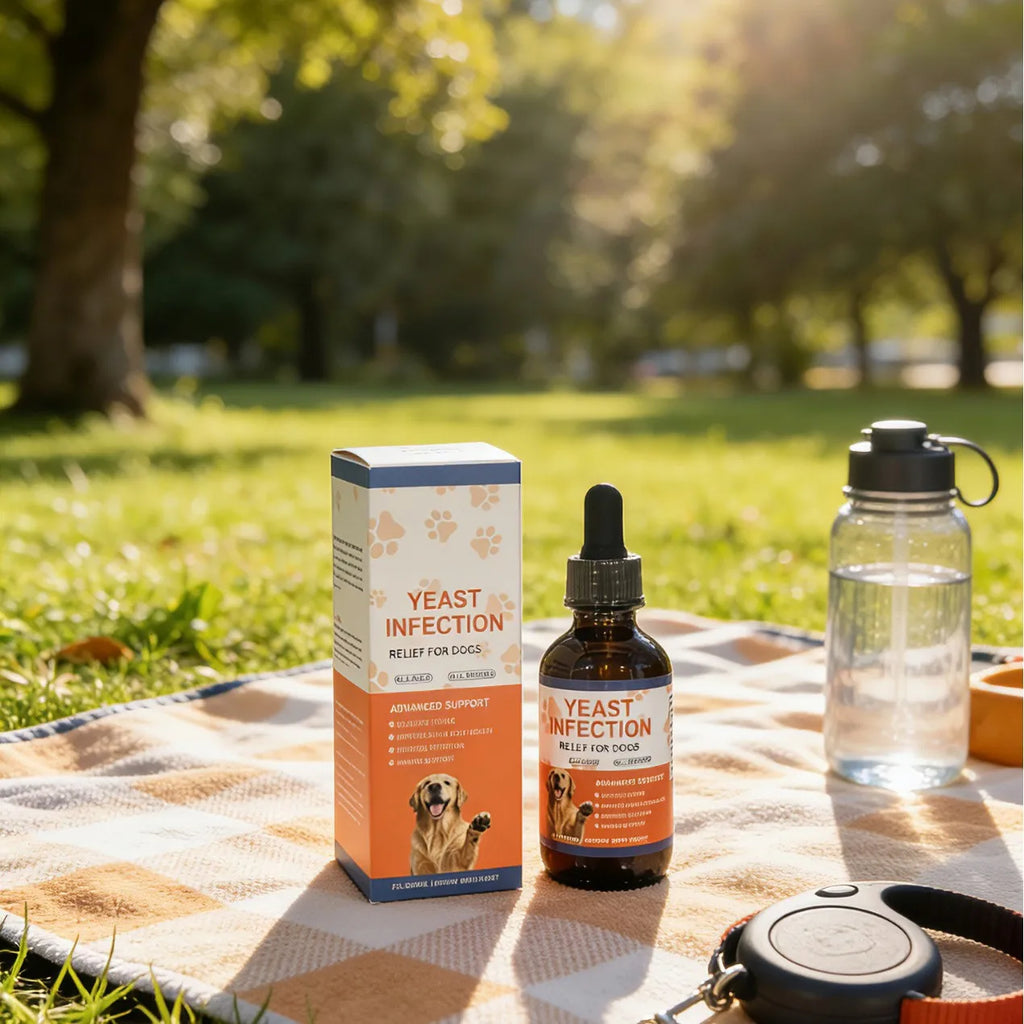 Dog yeast infection relief dropper bottle and box with orange and blue packaging, set on a picnic blanket outdoors.
