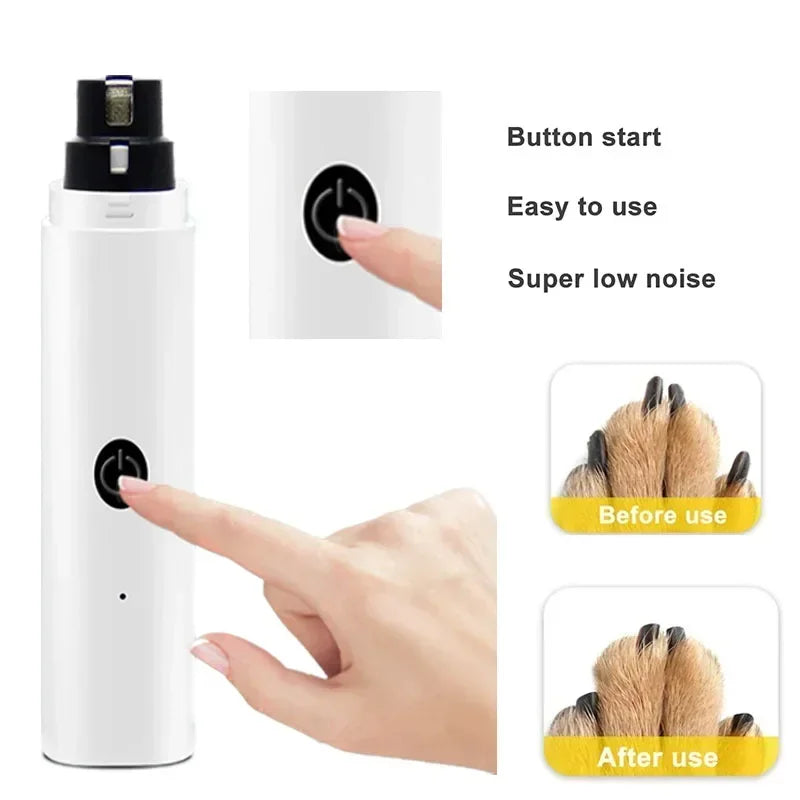 White electric pet nail grinder with a simple button start, shown before and after use on a dog’s paw.
