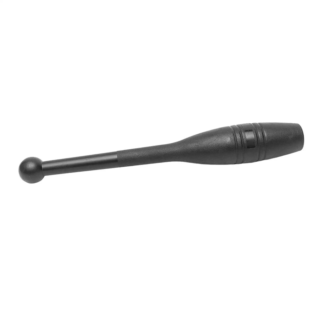 A black Indian clubbell for strength training, featuring a slim handle with a spherical end and a weighted head.