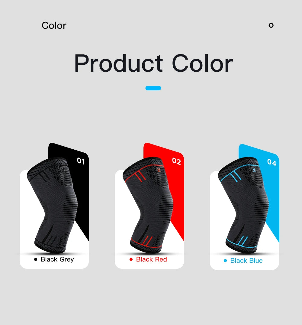Three compression knee sleeves in black/grey, black/red, and black/blue designs on a light grey background.