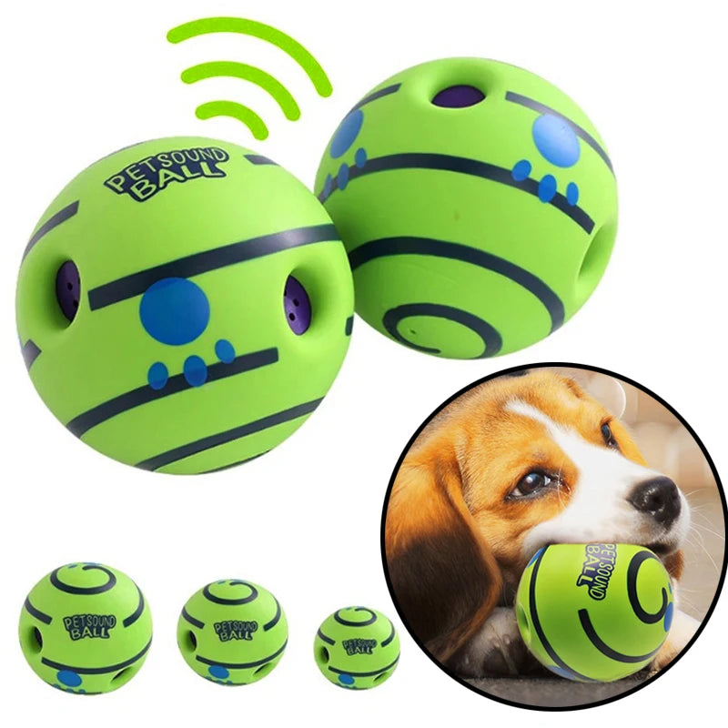 Bright green, interactive dog toy balls with cut-out holes, black stripes, and a beagle puppy playing with one.