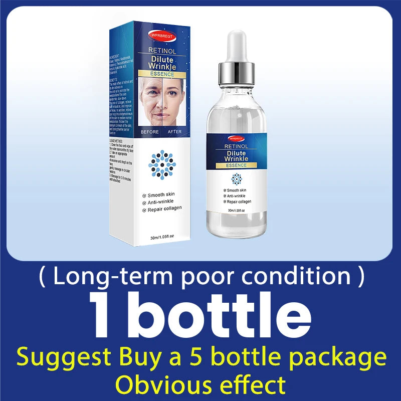 Retinol anti-wrinkle essence in a 30ml glass dropper bottle with its blue and white packaging box.