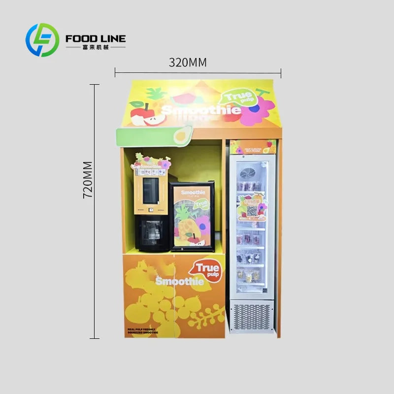 Yellow commercial smoothie vending machine with a built-in dispenser, touchscreen, and refrigerated glass door.