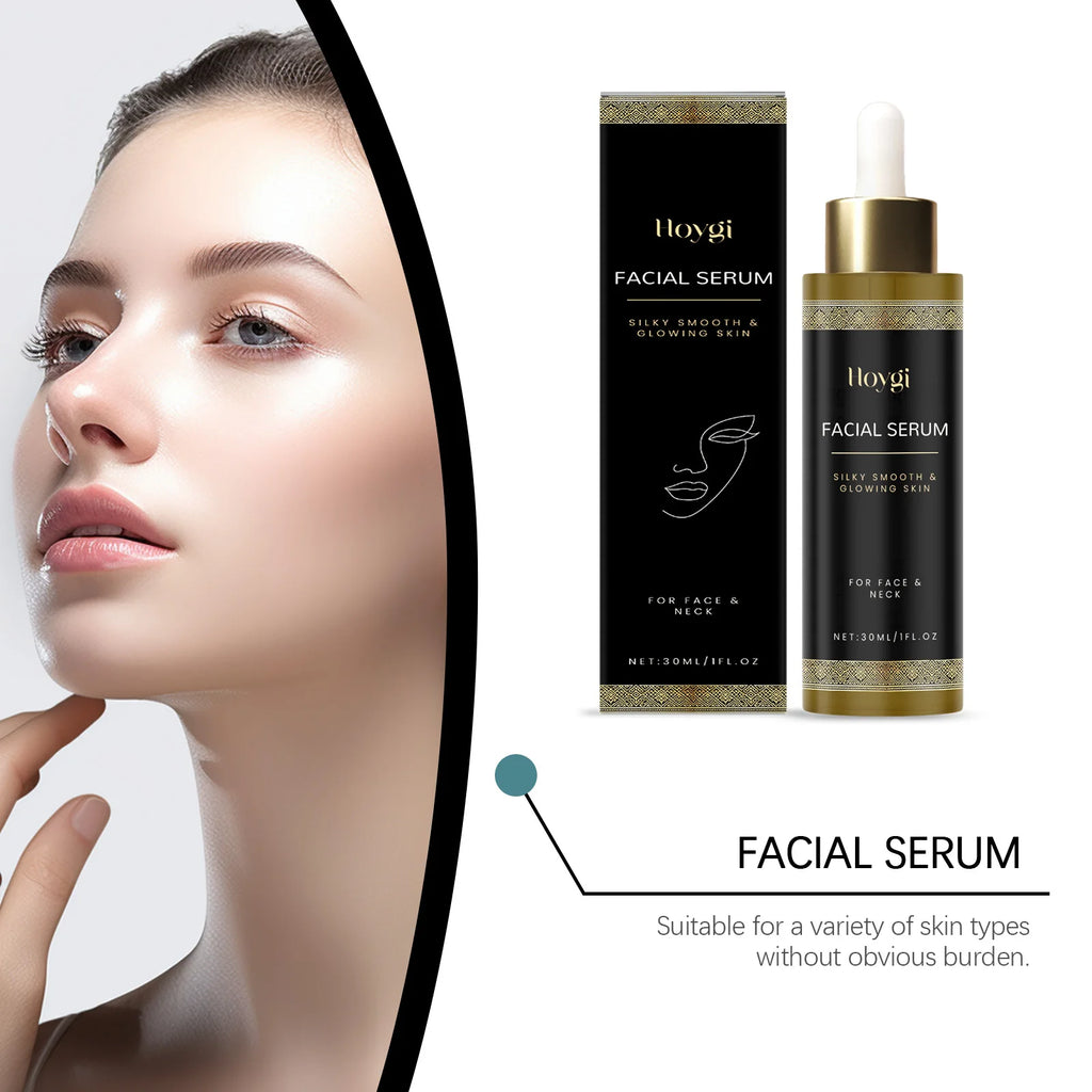 Facial serum in a black and gold 30ml dropper bottle with matching box, shown next to a woman with glowing skin.