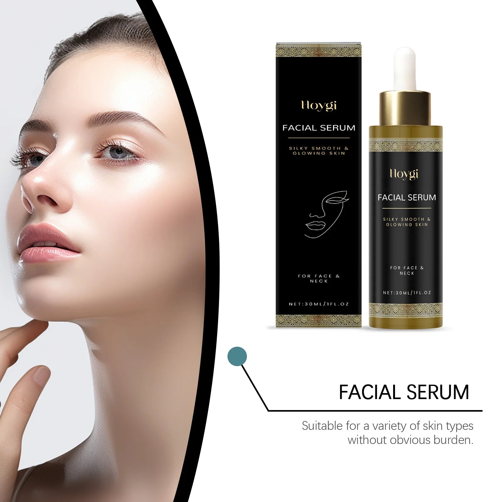 Facial serum in a black and gold 30ml dropper bottle with matching box, shown next to a woman with glowing skin.