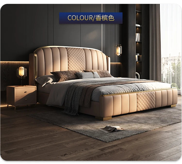 Minimalist champagne-coloured upholstered bed frame with quilted detailing, gold accents, and a curved headboard.