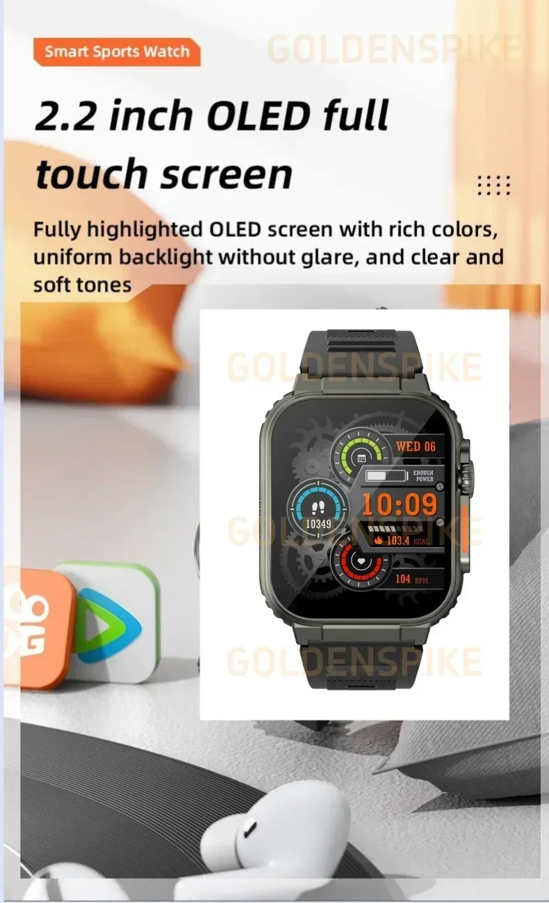 Black 4G Android smartwatch with a large 2.2-inch OLED touch screen, featuring a sporty design and GPS.