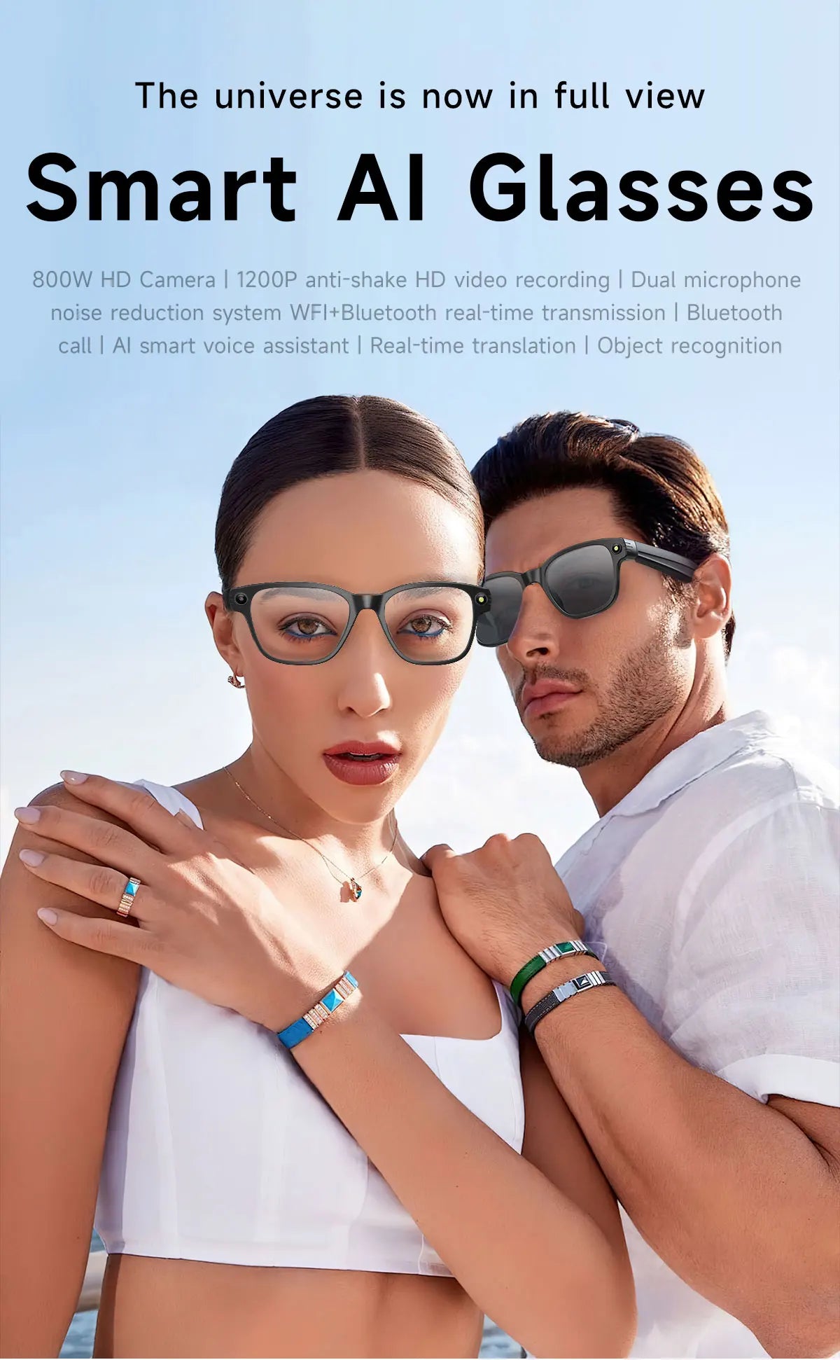 A man and woman wear sleek black smart glasses featuring an integrated HD camera, worn against a clear blue sky.