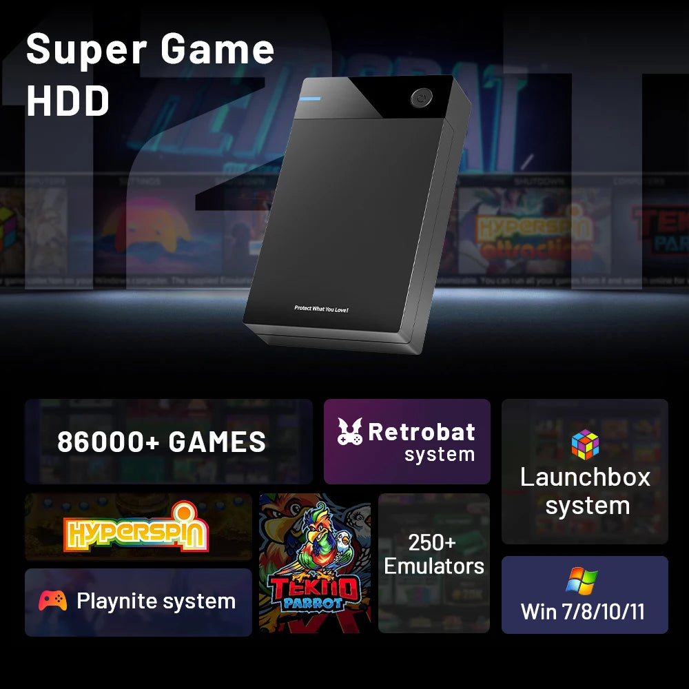 Black 12TB external gaming hard drive with power button, blue indicator light, and text branding.