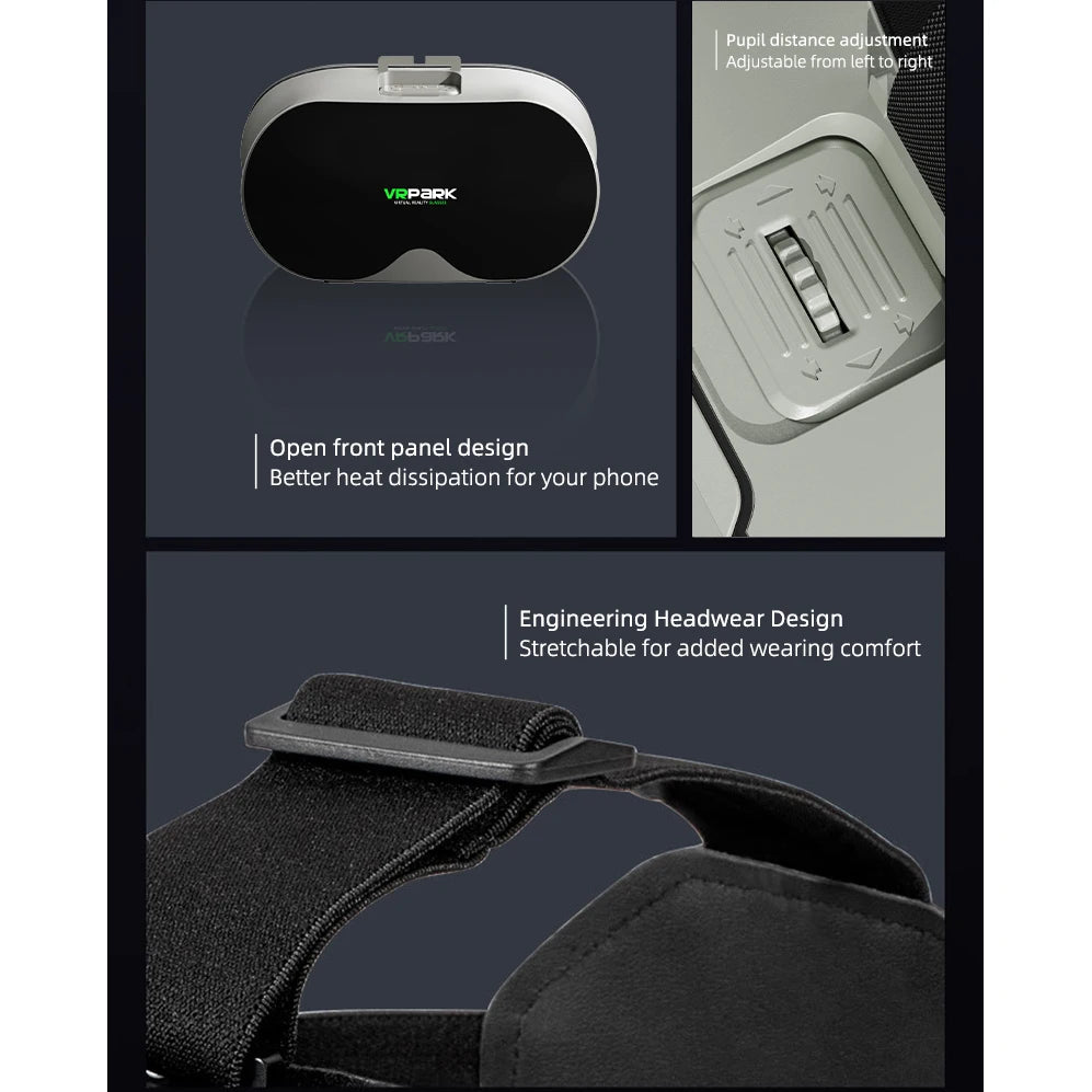 Black and white VR headset featuring an open front panel, pupil distance adjustment wheel, and stretchable strap.