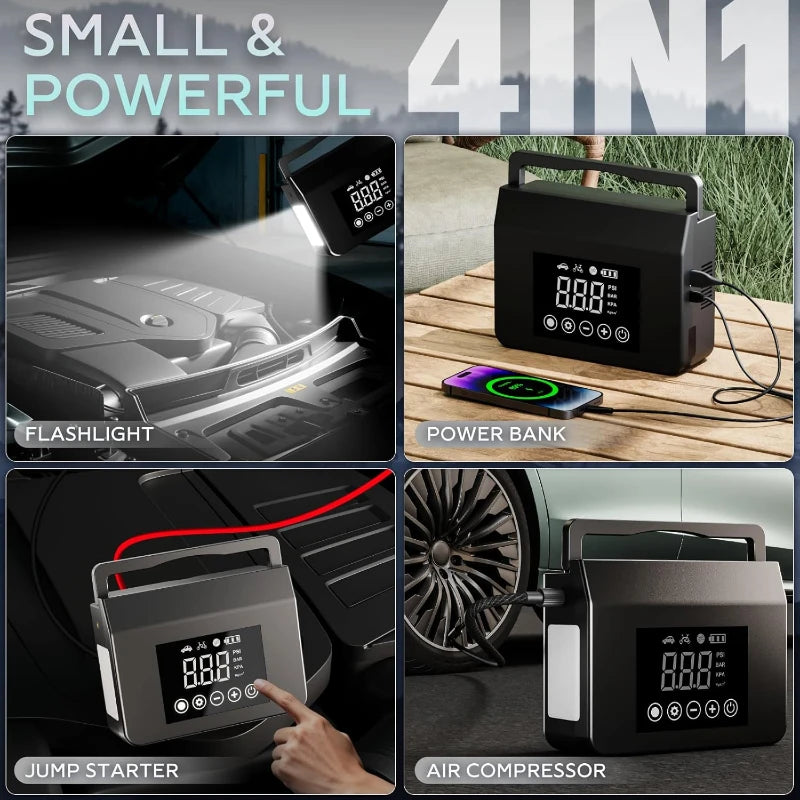 Black 4-in-1 car jump starter with digital display, air compressor hose, LED flashlight, and power bank charging a phone.