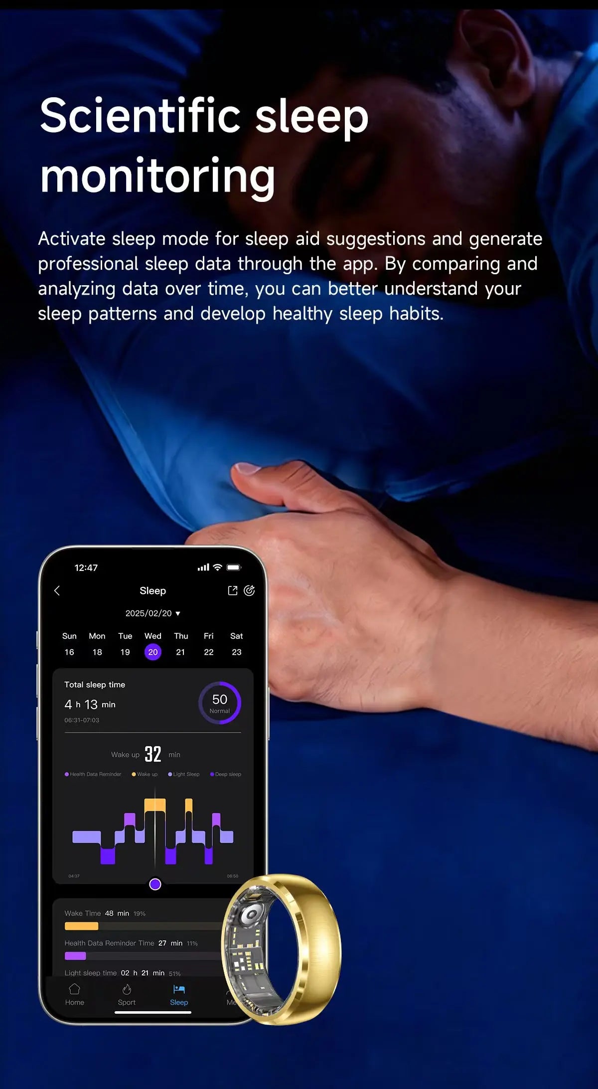 A sleek, gold-coloured smart fitness ring displayed next to a smartphone app showing detailed sleep tracking analytics.