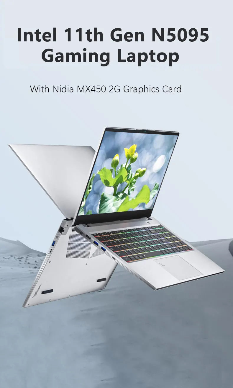 Silver 15.6-inch gaming laptop with a vibrant backlit keyboard and high-definition touchscreen display.