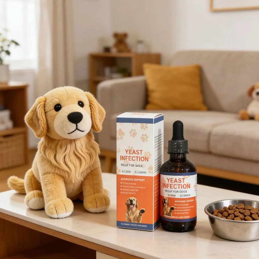 Yeast infection relief drops for dogs in a brown glass dropper bottle with box, next to a plush golden retriever toy.