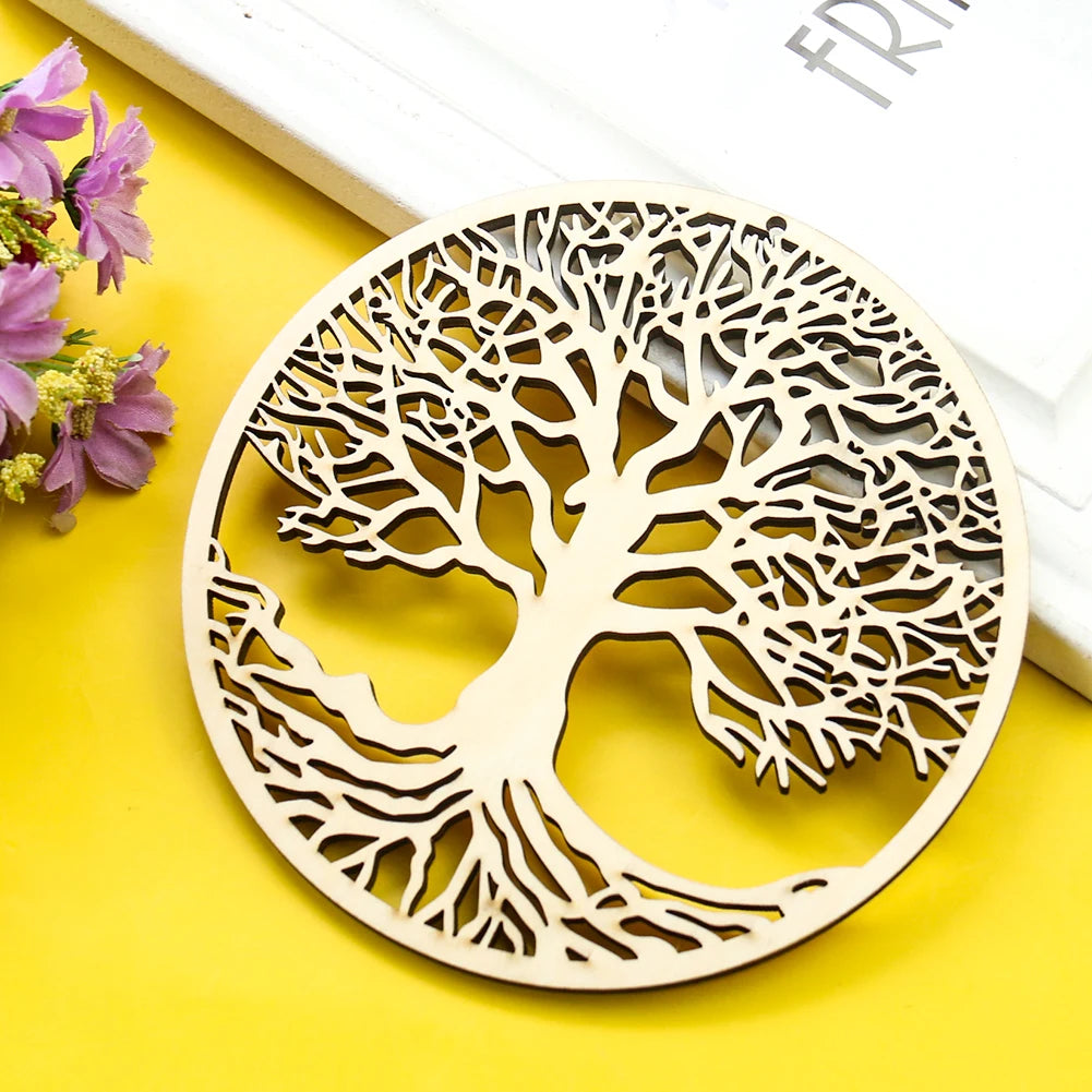 Round, laser-cut wooden Tree of Life wall art ornament with intricate branching detail on a bright yellow background.